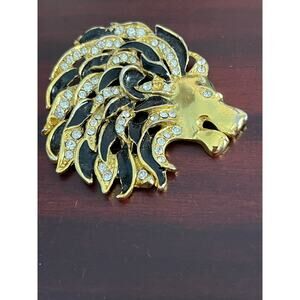 Vtg Lion Head Brooch Gold Tone Black Enamel Rhinestones Flaw Glam Bling